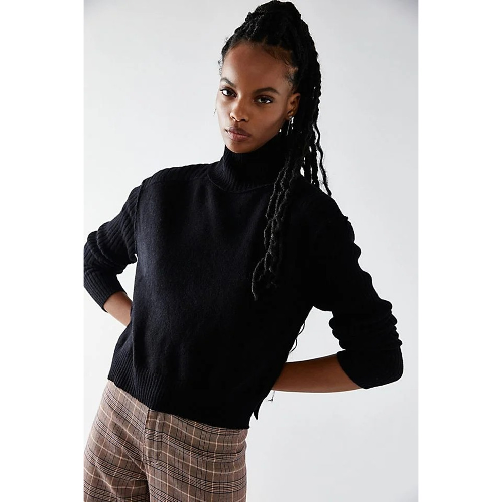 New Free People Aubrey Cashmere Turtleneck Sweater $158 MEDIUM Black
